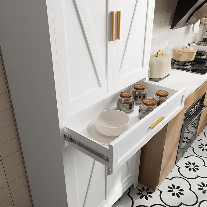Washsemba 71 "Farmhouse Metal Filing Cabinet with a Drawer and 4 Adjustable Shelves, with 4 Large barn Door White Kitchen Cabinets, Metal Food Cabinets for Home, Kitchen, Dining/Living Room (White)