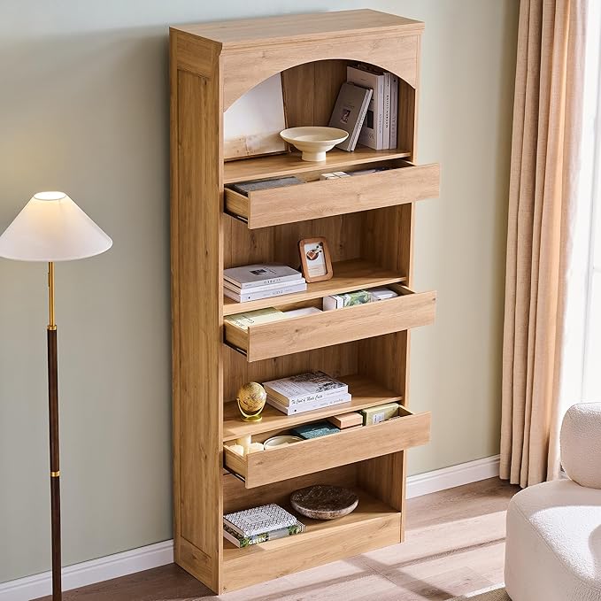 IFGET 76" Tall Arched Bookcase with 1PC Magnetic Lock Drawer, Modern Wooden Arch Bookshelf w/3 Pull-Out Drawers, Farmhouse 4 Tiers Book Shelf w/Open Shelves for Living Room, Office (Natural)