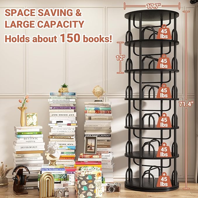 Aheaplus 6 Tier Rotating Bookshelf Tower, Revolving Bookcase, 360° Round Spinning Book Shelf, Narrow Swivel Bookshelves Vertical Rolling Turning Corner Bookshelf Organizer for Small Space, Black