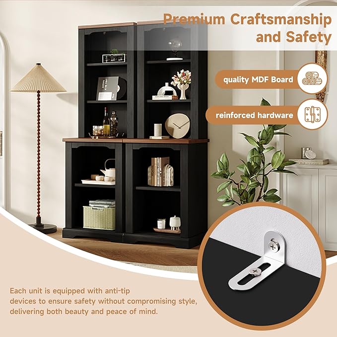 ON-Trend Two-Piece Elegant Freestanding Tall Cabinet with Fully Open Storage, Walnut Element Bookshelves with Curved Design, Stylish Display Bookcase with Anti-Tip Device for Living Room, Black Refi
