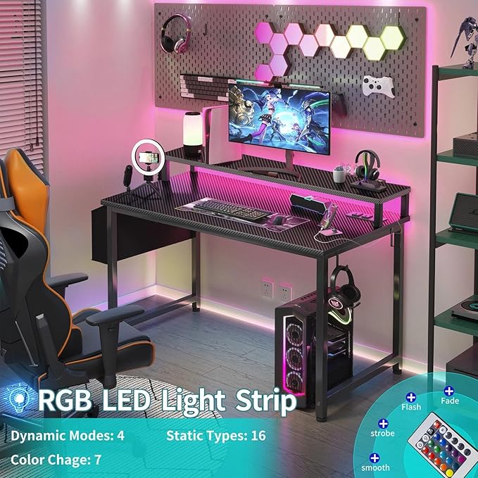 Lufeiya Gaming Desk with Power Outlets and LED Lights, 40 Inch Gamer Desk Table with Charging Station, Home Office Computer Desks with Monitor, Black
