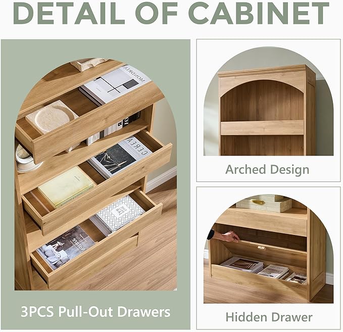 IFGET 76" Tall Arched Bookcase with 1PC Magnetic Lock Drawer, Modern Wooden Arch Bookshelf w/3 Pull-Out Drawers, Farmhouse 4 Tiers Book Shelf w/Open Shelves for Living Room, Office (Natural)