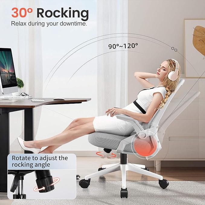 GTPLAYER Ergonomic Office Chair with Flip-up Armrests Executive Computer Chair for Home Office, Breathable Mesh & Comfy Lumbar Support, Moon Gray