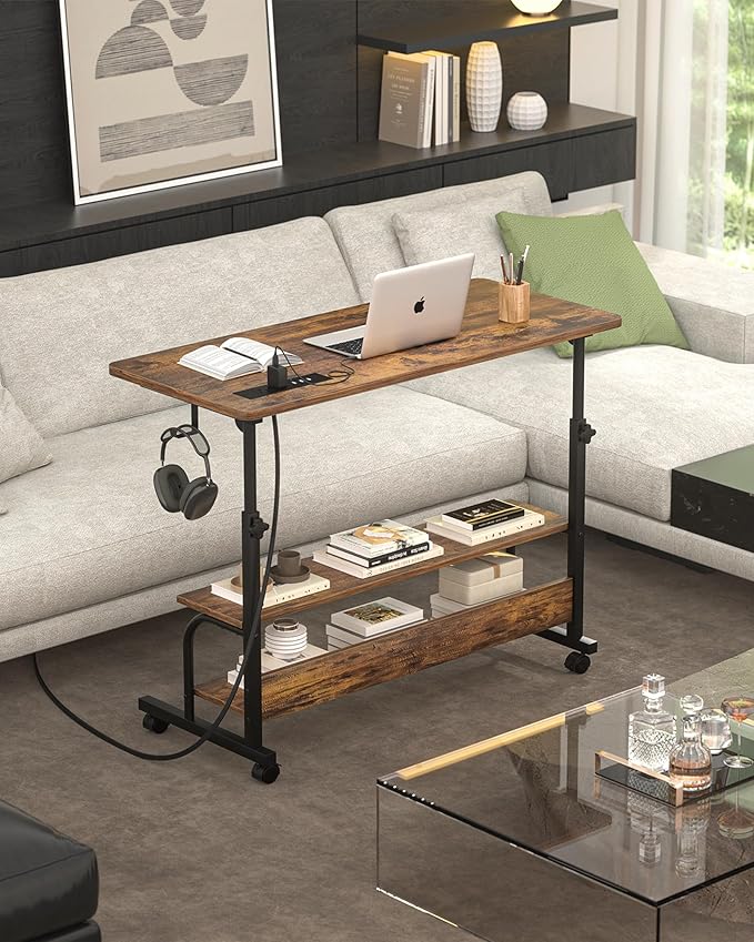 Armocity Rolling Standing Desk with Power Outlets, 32" Manual Height Adjustable Mobile Computer Desk with Wheels, Small Portable Sit Stand Laptop Couch Table for Bed & Sofa Home Office, Rustic Brown