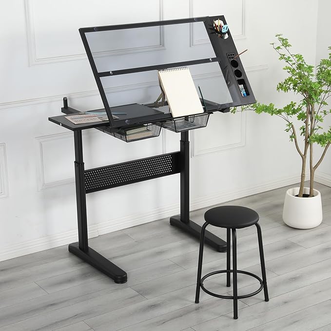 Glass Drafting Table Art Desk – Adjustable Professhional Artwork Drawing Drafting Table Desk, Glass-Topped Art Table for Craft Station Studio Home Office School w/Drawers (Black-Upgraded)