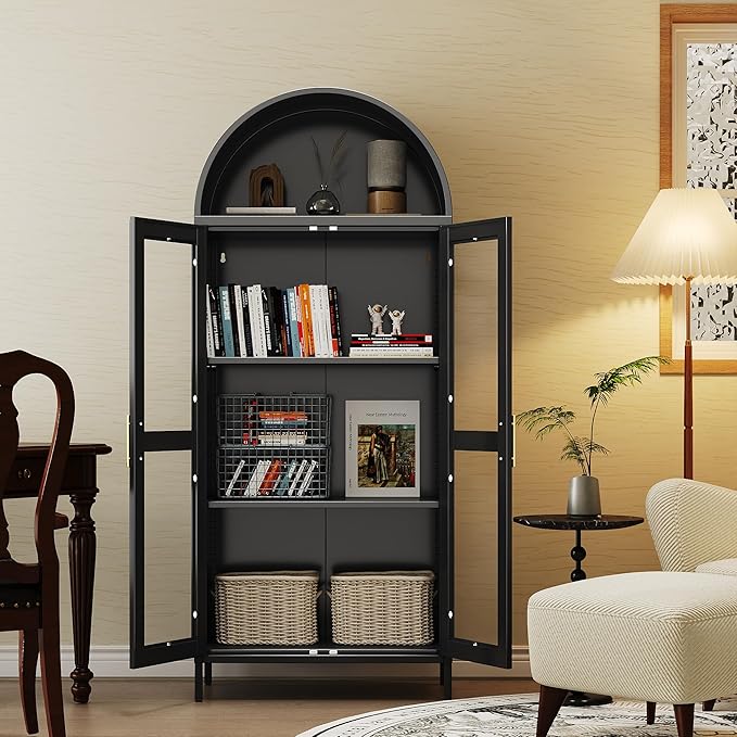 VEXPOR 73" Tall Arched Display Cabinet with Glass Doors, Metal Arched Curio Cabinet with 2 Adjustable Shelves for Living Room, Home Office, Assembly Required, Black