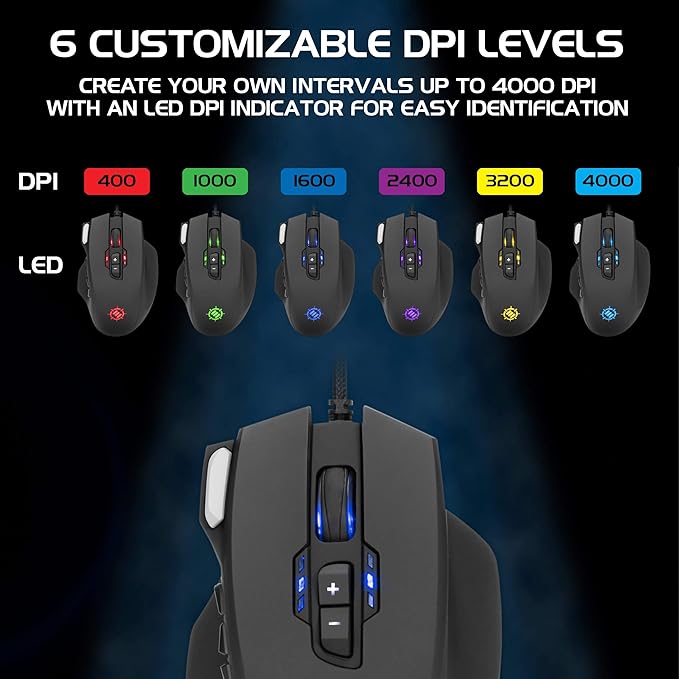 ENHANCE Theorem 2 MMO Mouse with 13 Programmable Side Buttons - RGB Gaming Mouse with 6 Customizable DPI Settings, 5 Gaming Profiles, Quick Fire Button, Wired, Ergonomic - Black