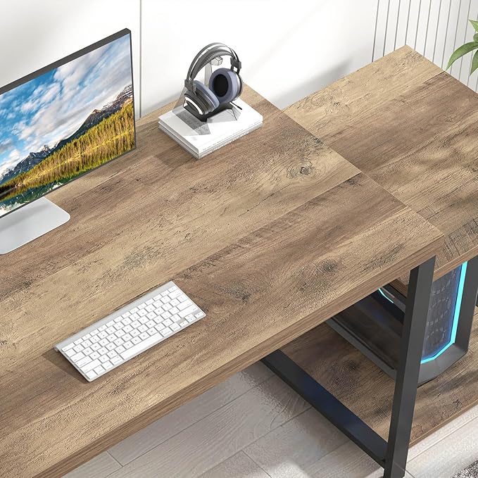FOLUBAN 63 Inch Large Computer Desk with Printer Space & PC Tower Stand, Modern Wood Home Office Desk Workstation with Storage Shelves, Writing Study Gaming Table, Rustic Oak