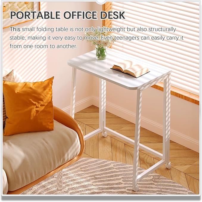 4NM 23.6" Mobile Small Folding Desk, Foldable Rolling Computer Home Office Desk, Study Writing Table for Small Space Saving Bedroom, with Wheels - All White