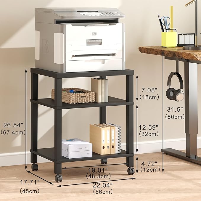 3-Tier Printer Stand with Wheels, Large Under Desk Rolling Cart for Office Storage, Heavy Duty Machine Stand with Adjustable Shelf, 22.04"x17.71"x26.54", Black