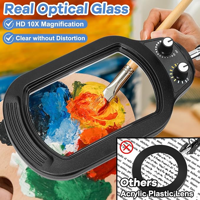 10X Rectangle Magnifying Glass with Light and Stand, Real Glass Lighted Magnifier Hands Free, Mechanical Knob 5 Color Modes Stepless Dimmable, 2-in-1 LED Desk Lamp with Clamp for Close Work, Reading