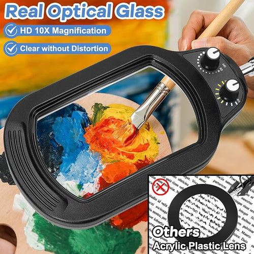 10X Rectangle Magnifying Glass with Light and Stand, Real Glass Lighted Magnifier Hands Free, Mechanical Knob 5 Color Modes Stepless Dimmable, 2-in-1 LED Desk Lamp with Clamp for Close Work, Reading