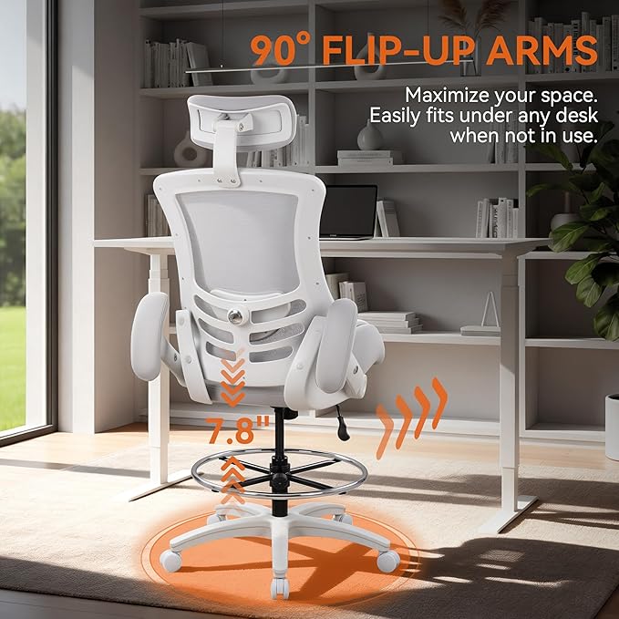 BOLISS Ergonomic Drafting Chair High Back Tall Office Chair for Standing Desk with Double-Layer Seat Cushion, Adjustable Headrest & Lumbar Support, Flip-Up Arms, and Metal Foot Ring (Grey)