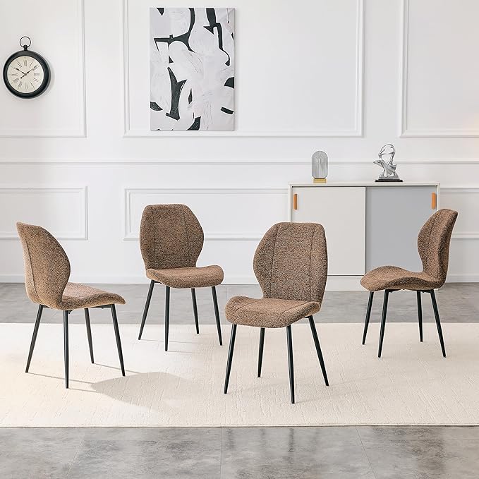 4 sets of retro and minimalist brown fabric dining chairs with spacious and comfortable cushions.Black metal legs and adjustable feet, suitable for dining room, study & office ,etc. Precise dimensio