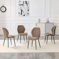 4 sets of retro and minimalist brown fabric dining chairs with spacious and comfortable cushions.Black metal legs and adjustable feet, suitable for dining room, study & office ,etc. Precise dimensio