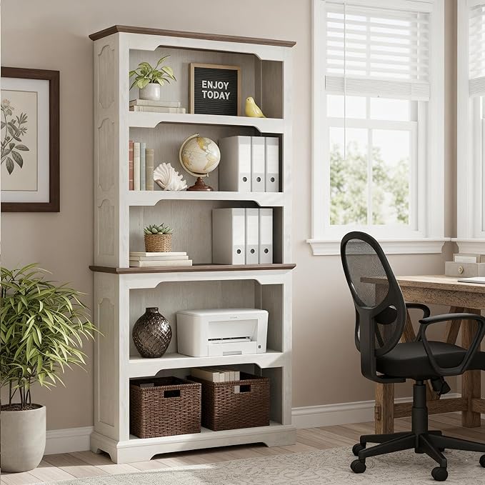 70 Inches Farmhouse Bookcase Bookshelf, Two-Tone Shelves, 5 Tier Bookshelf with Arched Trim, Home Office Living Room Storage Cabinet Unit, 31.5x11.8 Inches (Distressed White & Walnut, Open Shelf)