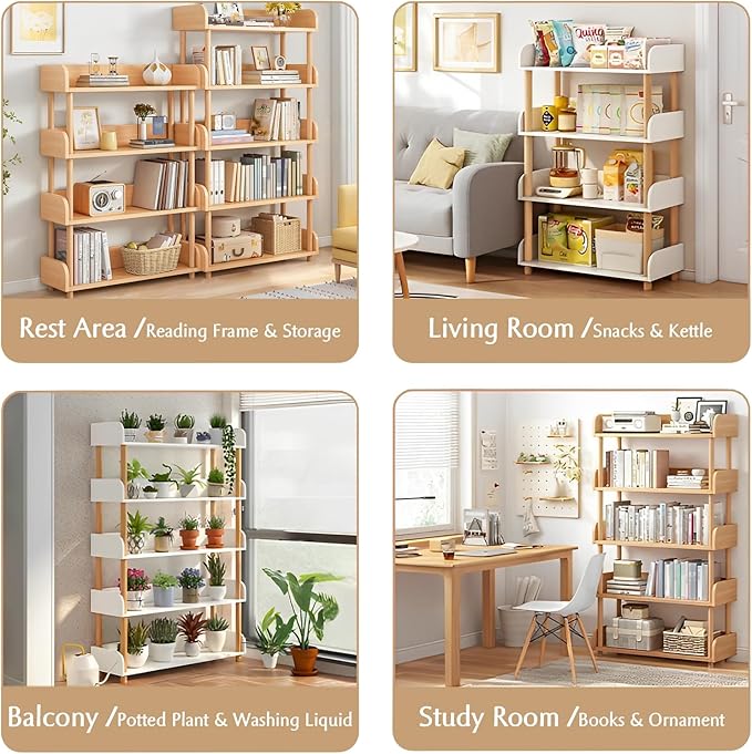 OSCHF 5-Tier Wooden Open Bookcase - Modern Display Bookshelf with Top Edge and Solid Wood Frame for Home and Office, Storage Cabinet, Oak