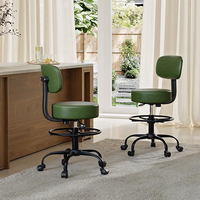 Drafting Chair with Back Support, Adjustable Foot Rest Rolling Stool, 360° Swivel Office Desk Chair with Wheels, Thick Seat Cushion for Home Bar Salon Tattoo Shop (2, Dark Green)