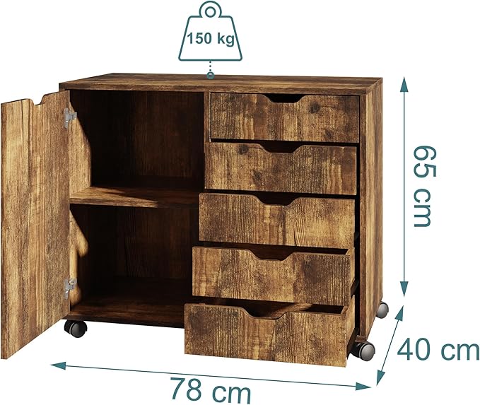 Relaxdays mobile storage cabinet, 5 drawers & 2 compartments, HWD: 65x78x40 cm, office cabinet with wheels, brown