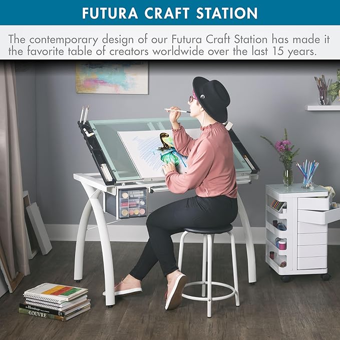 SD Studio Designs Futura Craft & Drawing Table with Adjustable Tempered Safety Glass Top – Modern Art Desk with Storage Drawers, Pencil Ledge, Matte Ivory/Sea Green Glass