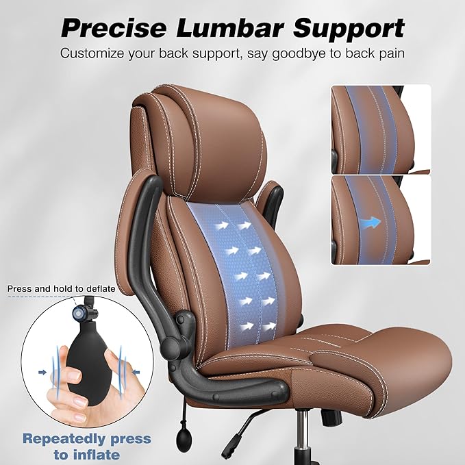 BESTFAIR Ergonomic Office Chair - Desk Computer Chair, Leather High Back Executive Chairs with Adjustable Lumbar Support & Flip Up Arms, Brown 4 Pack