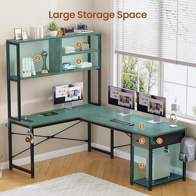 SEDETA L Shaped Gaming Desk, 51.2" Reversible Small Corner Desk with Drawer, Power Outlet & LED Lights, Computer Desk with Storage Shelves for Small Space, Grey