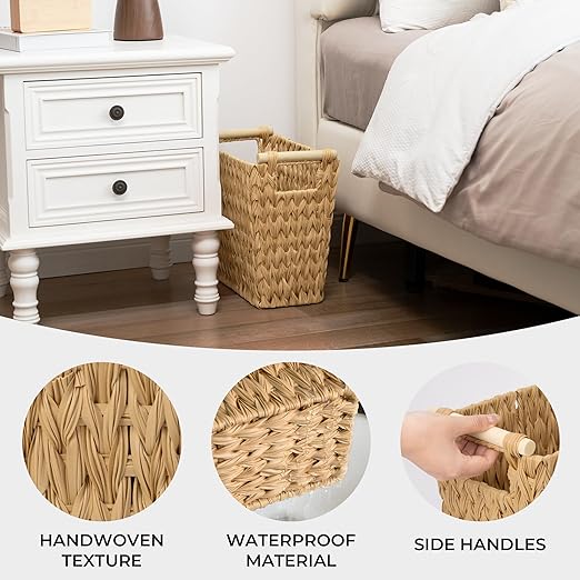 GRANNY SAYS Waterproof Wicker Desk Wastebasket with Handles – Natural (2-Pack)