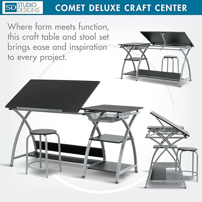 Deluxe Comet Craft Station with Stool, Adjustable Drafting & Art Desk with Storage Shelves, Pencil Ledge, Wire Mesh Drawer, 45° Tilting Top, Steel Frame, Silver/Black