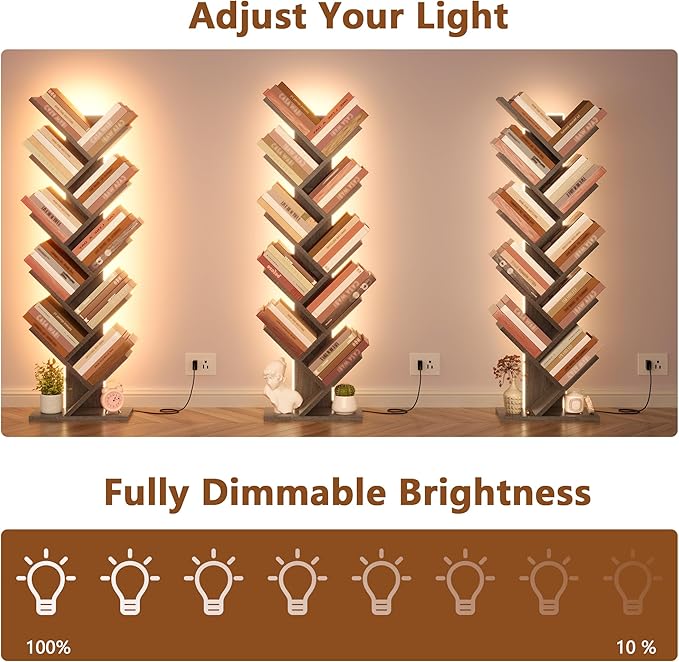 Hoctieon 10 Tier Tree Bookshelf, Tall Bookcase, Freestanding Book Shelf with LED Lights, Display Floor Standing Storage Shelf, Book Organizer Shelves for Home Office, Living Room, Greige