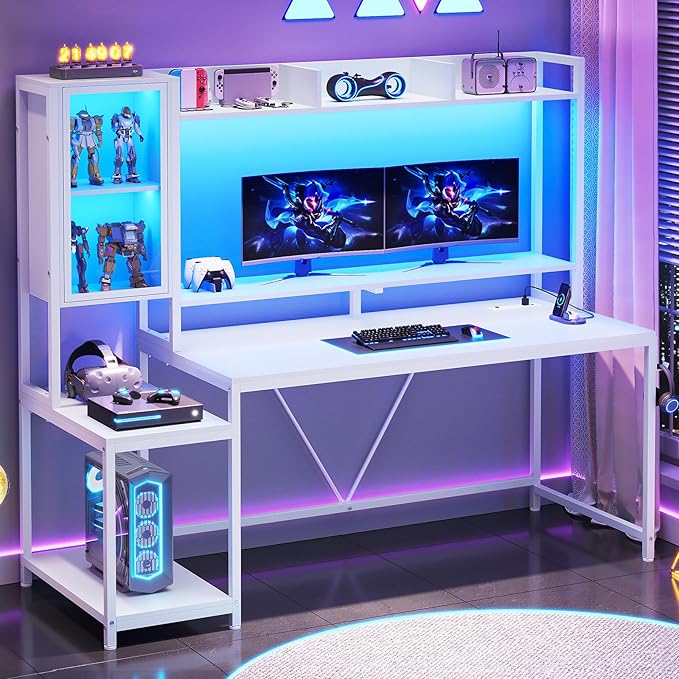 SEDETA White Gaming Desk, 60'' Gaming Desk with Hutch and LED Lights, Computer Desk with Storage Shelves, Large PC Gamer Desk with Display Cabinet, Monitor Stand, Power Outlet for Home Office