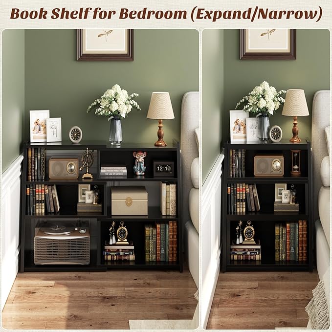 Armocity Expandable Bookshelf, Short Corner Bookshelf for Small Spaces, Small Ladder Book Shelf, Extendable Wood Narrow Bookcase for Living Room, Bedroom, 4 Tier, Black