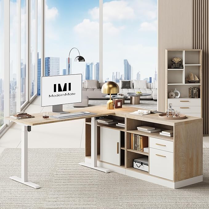 ModernMate Furniture Set, 67" Standing Desk with 59" Bookcase, L Shaped Electric Stand Up Desk with Bookshelf, Home Office Furniture Set, Light Walnut