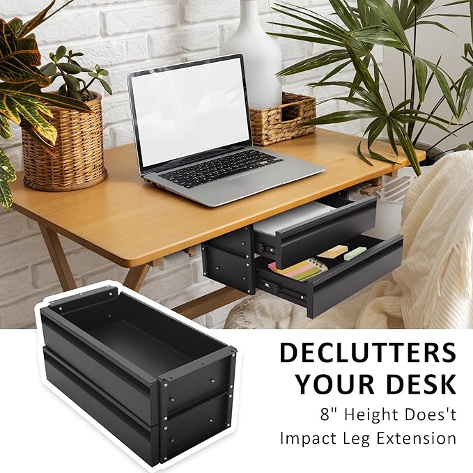 15 in 2-tier Under Desk Drawer,Adjustable Height, Under Desk Drawer Slide Out with Slide Extension Mounted Under Flat Wooden Table or Workbench, Carbon Steel Hidden Desk Drawer for Office & Home