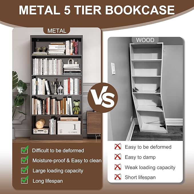 Metal Bookcase and Bookshelf, 66 in Tall Black Bookshelf with 4 Adjustable Storage Shelves, Large Deep Bookcase for Home, Library, Office, Bedroom, School