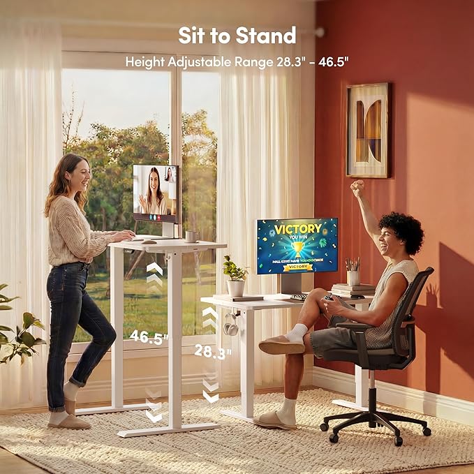 FEZIBO Standing Desk, 55×28 Inches Electric Height Adjustable, Sit Stand Up, Computer Office Desk with Splice Board, While Frame/While TOP