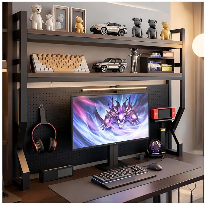 Desktop Hutch Bookshelf,Many Gifts,Metal Desktop Bookcase with pegboard, Desk Shelf, Countertop Storage Organizer Rack for Dorm or Office,Desktop Shelves (Natural+Black, 45.3" Lx9.9 Wx39 H)