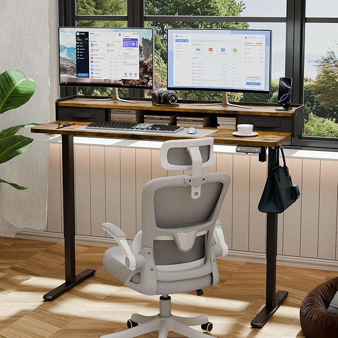 YESHOMY 55" x 23" Electric Standing Desk with 2 Drawers, Height Adjustable Computer Desk, Low Noise Home Office Stand Up Desk with 2 Preset Heights & 2 Hooks, Rustic Brown