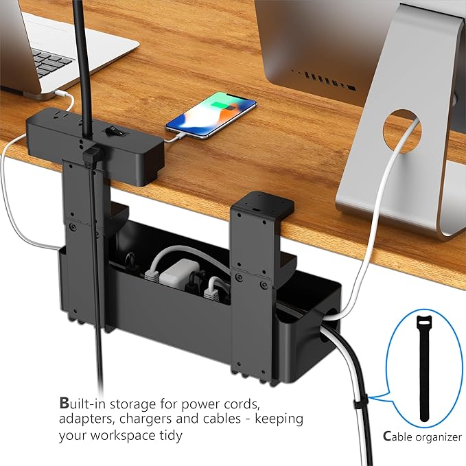 Drevet LED Desk Lamp for Home Office with Cable Management Tray, Eye-Caring Clip-On Desk Light with Flexible Gooseneck, 2+6AC&1USB-C Charging Port, 3 Brightness & 3 Color Modes, Eye-Caring Table Lamp