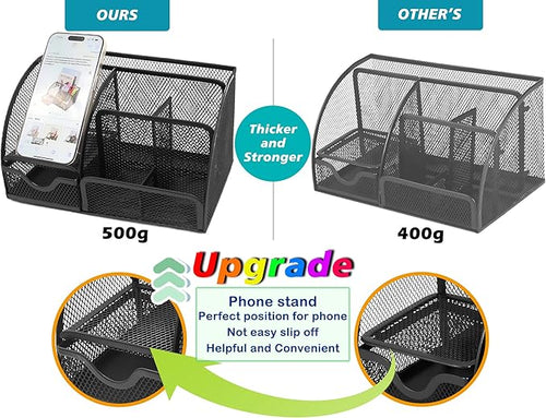 Boutilon Mesh Desk Organizer Desktop Office Supplies Stationary Organizer with 6 Compartments and 1 Drawer Multi-Functional Caddy Pen Holder for Home Office School Desk Decor(Black)