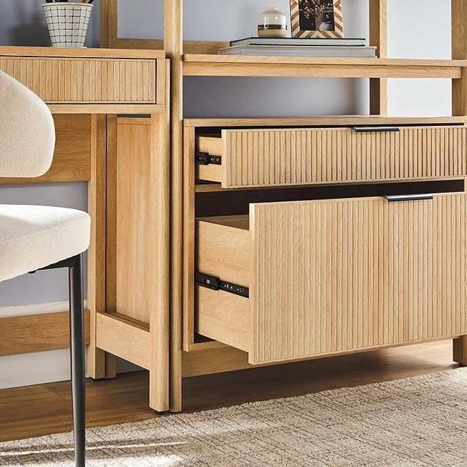 Walker Edison Transitional 3-Piece Writing Desk with 2 Wide Bookcases, Reeded Drawer Fronts, Set of 3, Coastal Oak