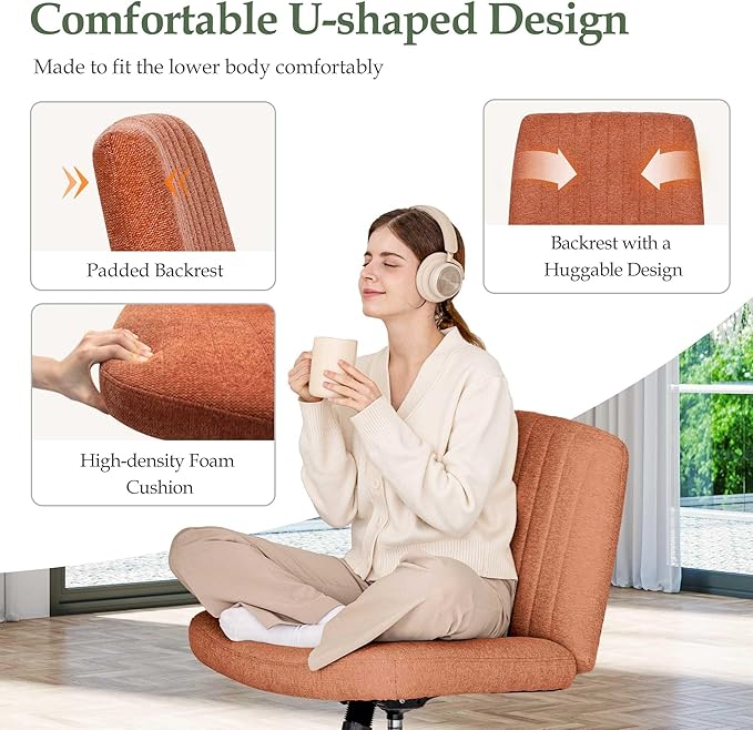 Orange Factory Criss Cross Chair Wheels Wide Cross Legged Office Desk Vanity Dual Base Comfy Fabric Armless Adjustable Swivel for Home Computer Task (Brown Dual Base, Fabric)
