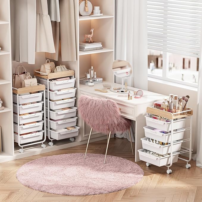 SYKIARIOL Rolling Cart with 5 Drawers,Art Craft Cart,Storage Utility Cart with Wheels,Makeup Organizer with Wooden Tabletop,White