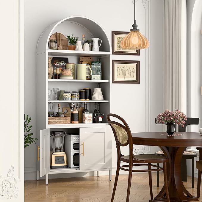 VEXPOR 73" Tall Metal Arched Bookcase with Doors, 5-Tier Arched Bookshelf with 2 Adjustable Shelves for Living Room, Home Office, Assembly Required, White, 15.35" D x 30.71" W x 72.83" H