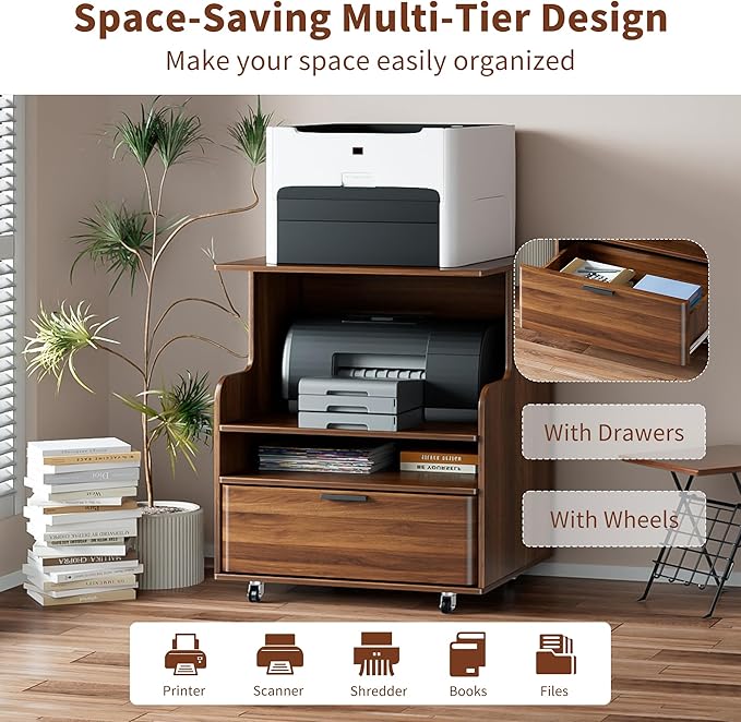 Rolling Printer Stand with Drawer and 3-Tier Storage Shelves, Mobile Wood 3D Printer Cart Under Desk with Wheels, for Home Office Small Spaces Organization, Walnut