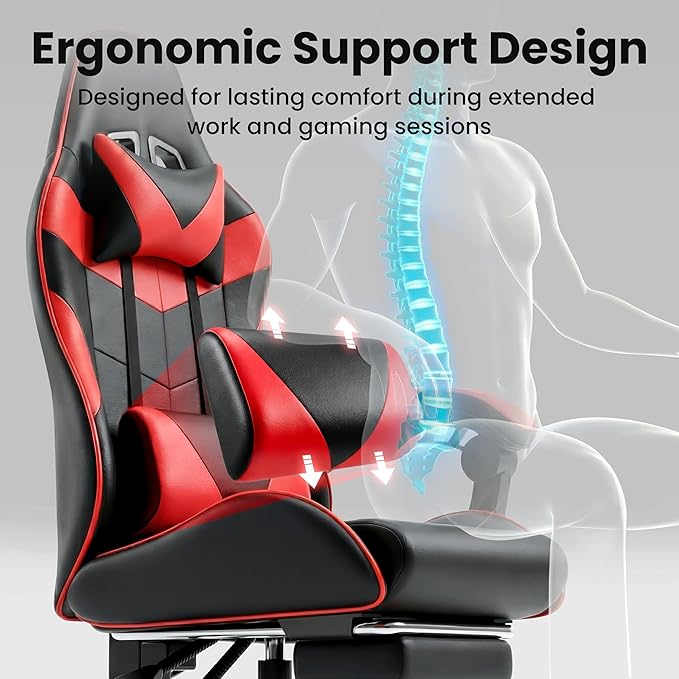 Gaming Chair, Ergonomic Computer Chair with 90°-150° Reclining Backrest & Footrest, Headrest & Lumbar Support, 360° Swivel Height Adjustable Desk Chair, High Back for Adults