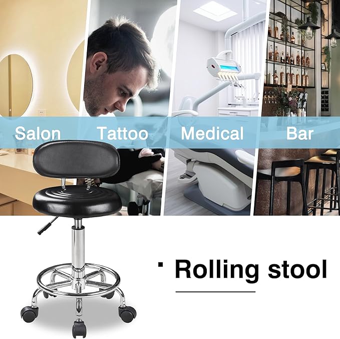 VECELO Home Office Desk Chair with Backrest & Wheels | PU Leather Rolling Office Chair for Drafting, Salon, Spa(Black, with Back)