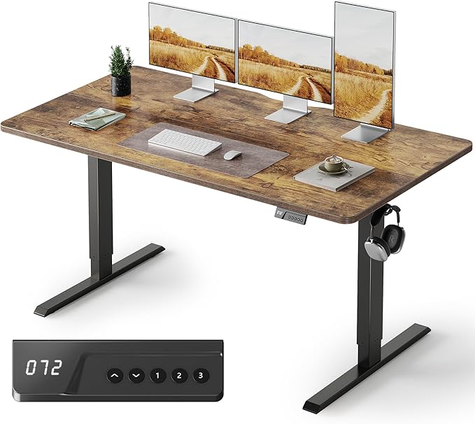 Cubiker Standing Desk, 63x28 Inches Sit Stand Home Office Desk, Electric Stand up Desk, Adjustable Desk with Splice Board, Black Frame/Rustic Brown Top