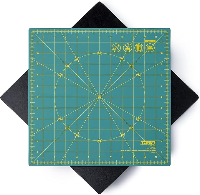 OLFA 12" x 12" Rotating Cutting Mat (RM-12S) - Self Healing 12x12 Inch Square Rotary Mat with Grid for Fabric, Sewing, Quilting, & Crafts, Rotates 360 Degrees, Use with Rotary Cutters (Green)