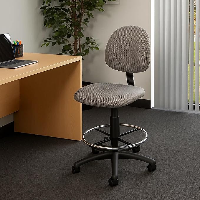 Benzara Jea Drafting Stool Chair, Gray Tweed, Contoured Back and Footring