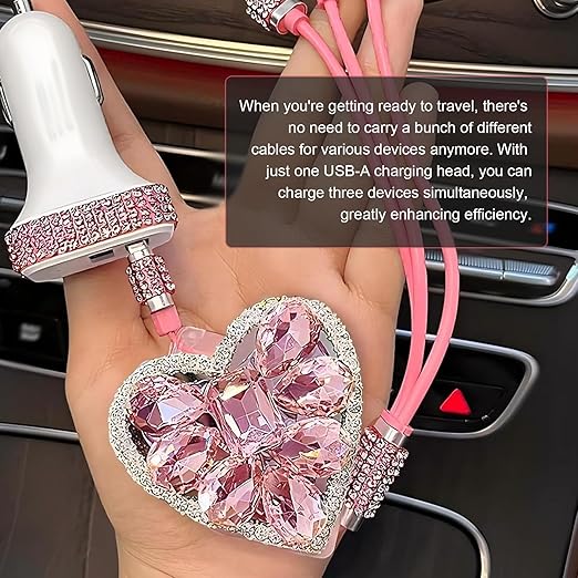 Multi Charging Cable, 3 in 1 Retractable Car Charger, Fast Charging Data Car Cable with Type-C/Lightning/Micro USB Connectors, Universal for Mobile Devices (Pink)